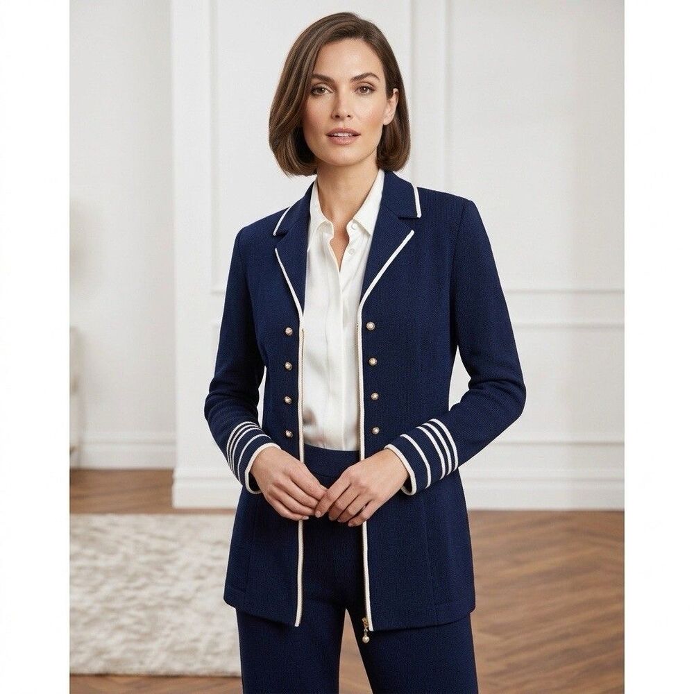 St John Santana Knit Zip Blazer Sz 6 Navy Pearl Buttons Nautical Classic Luxury